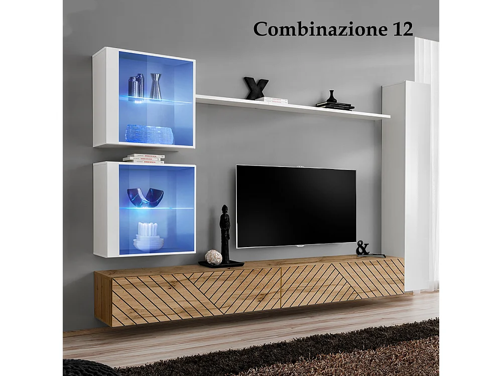 Parete attrezzata moderna per soggiorno con luci led 280x180 bianco e rovere PAP62