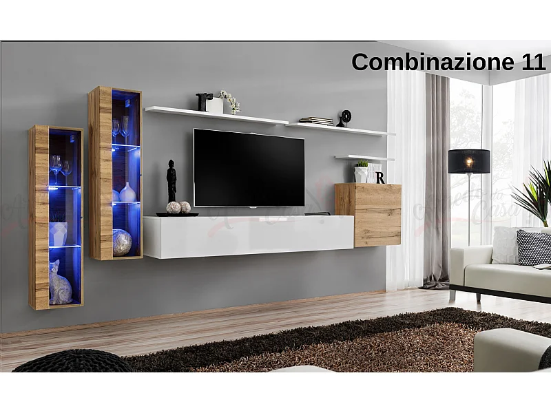 Parete attrezzata per soggiorno stile moderno 330x160 rovere e bianco PAP55