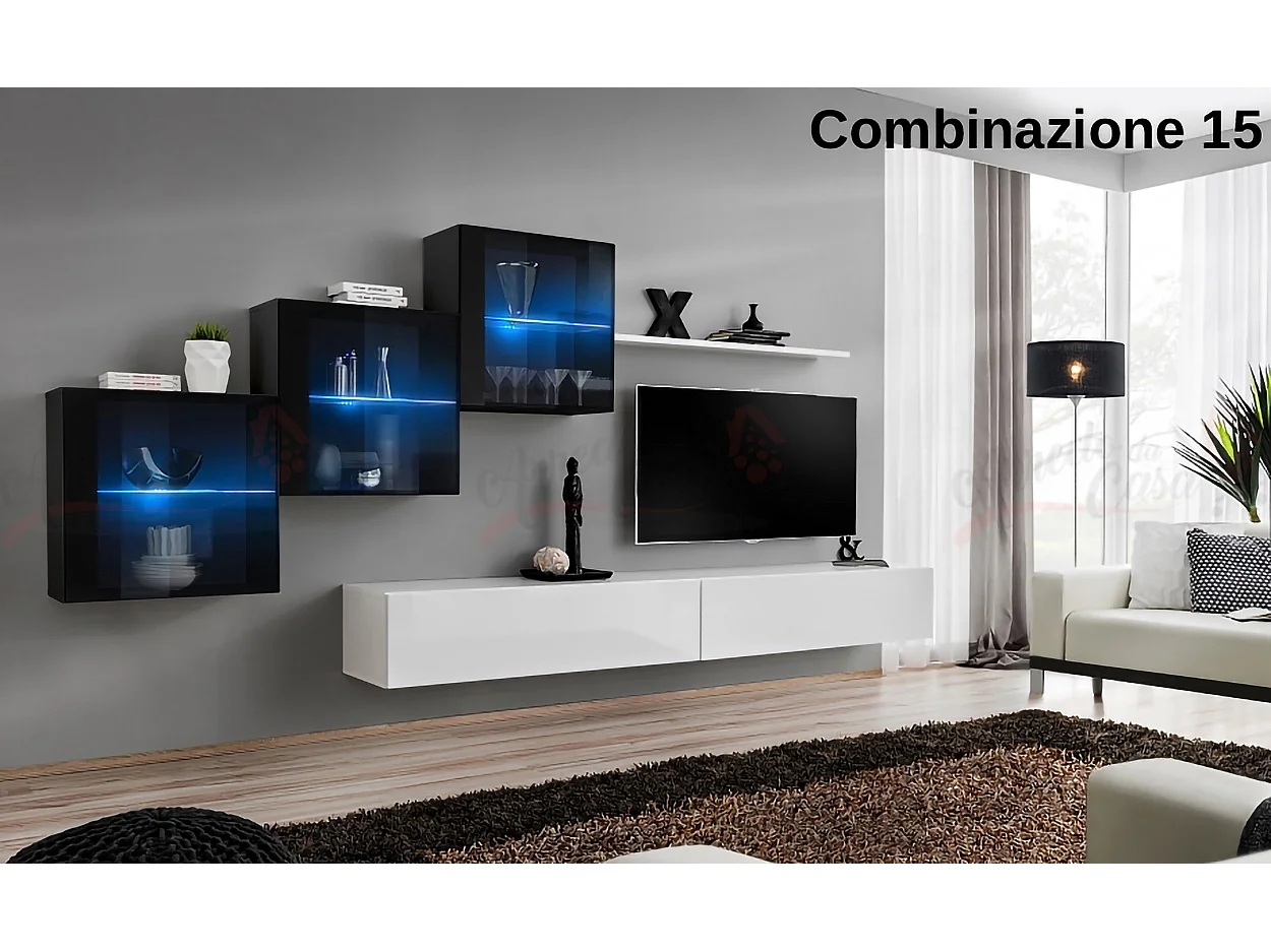 Parete attrezzata sospesa design contemporaneo con led 330x160 nero e bianco PAP65