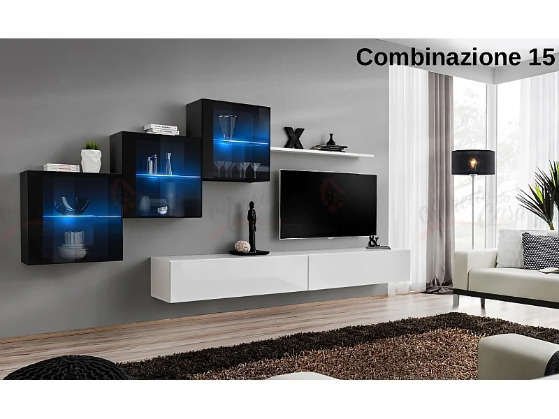 Parete attrezzata sospesa design contemporaneo con led 330x160 nero e bianco PAP65