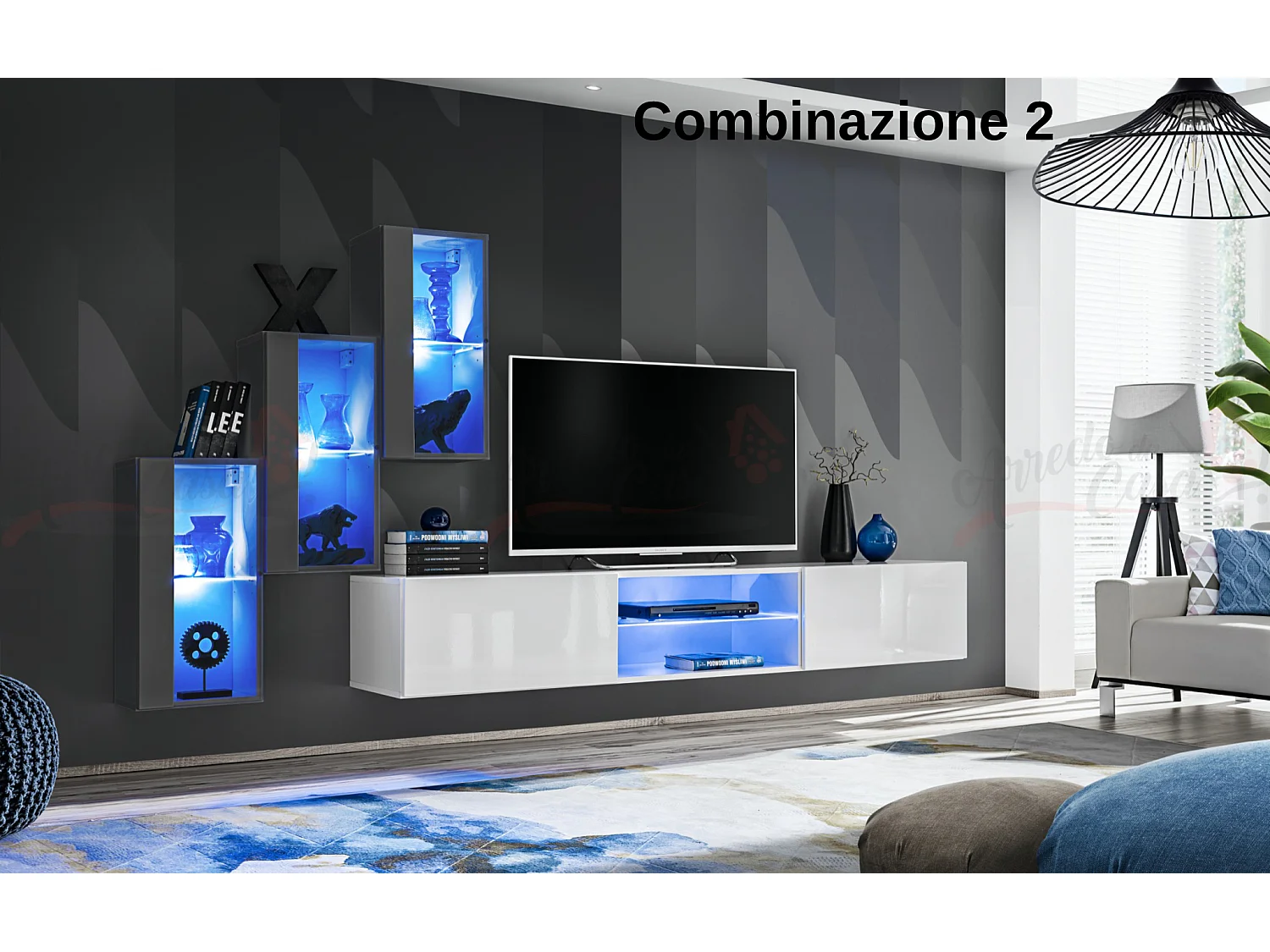 Parete attrezzata soggiorno moderna mobile TV sospeso 240x170 grigio e bianco PAP68