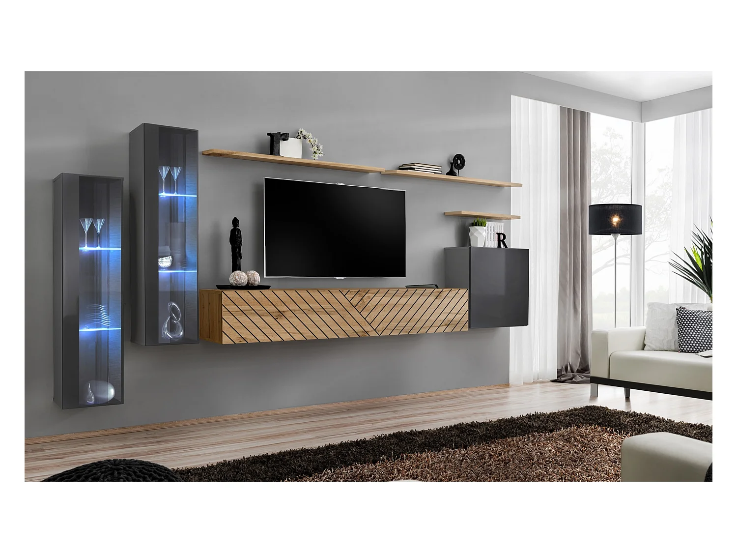 Parete attrezzata per soggiorno stile moderno 330x160 grigio e rovere PAP55