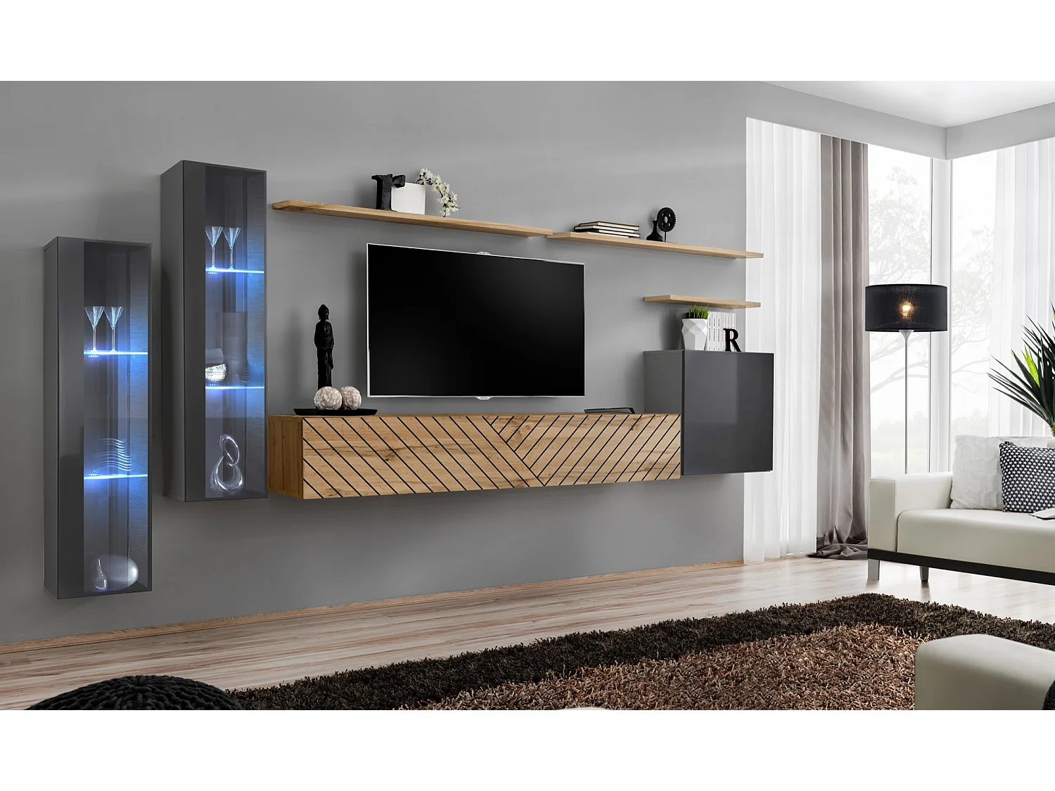 Parete attrezzata per soggiorno stile moderno 330x160 grigio e rovere PAP55