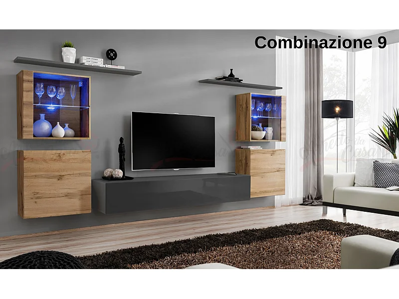 Parete attrezzata moderna con vetrine illuminate a led 320x150 rovere e grigio PAP58