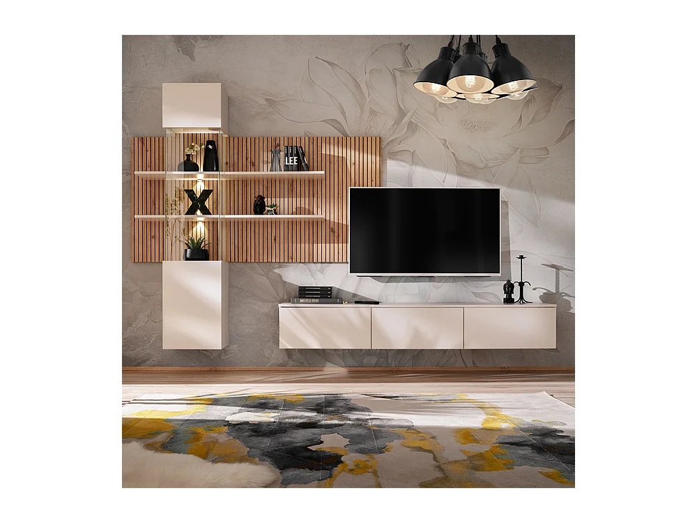 Parete attrezzata moderna sospesa con vetrina beige e rovere 280x180 PAP149