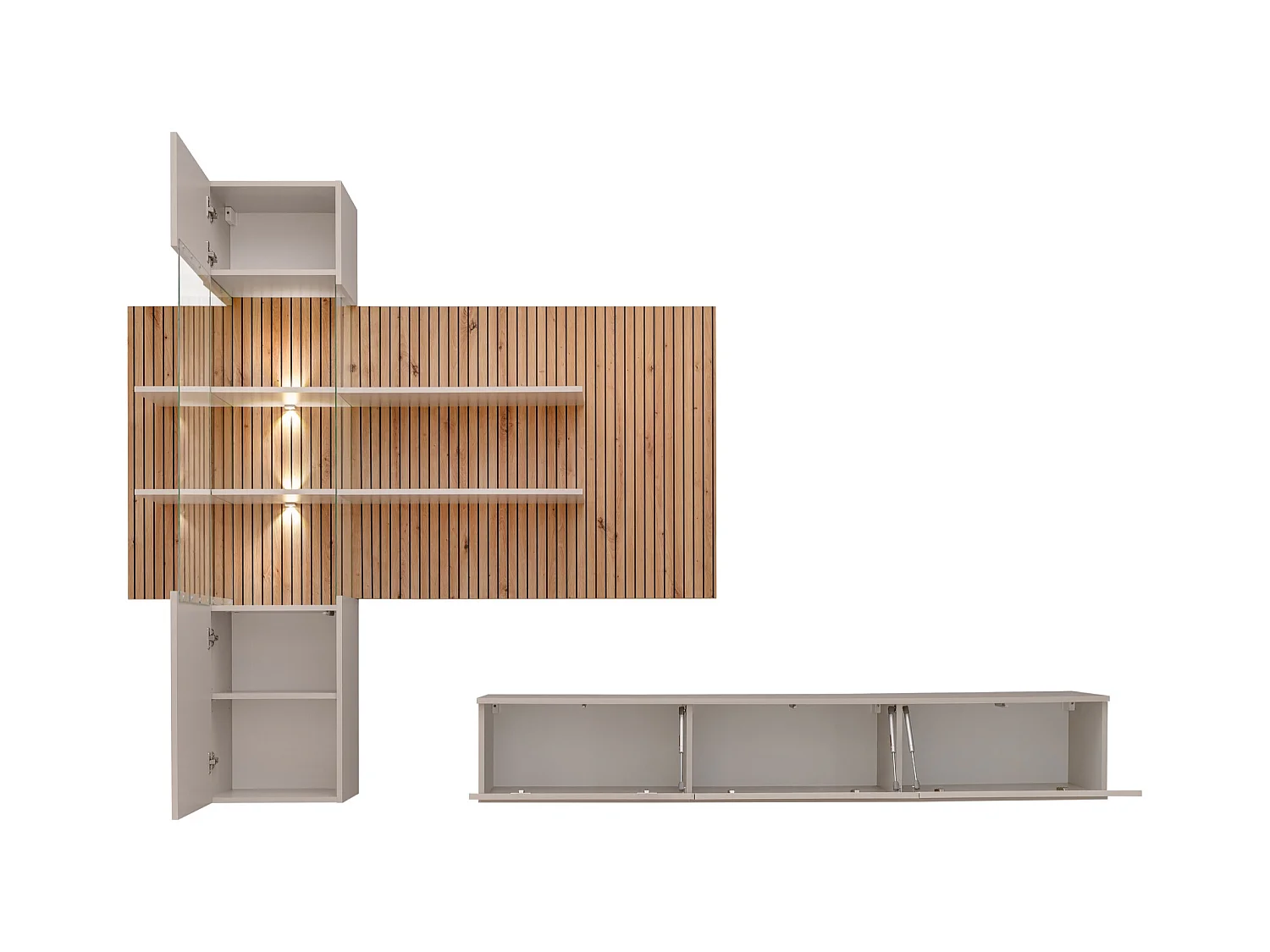 Parete attrezzata moderna sospesa con vetrina beige e rovere 280x180 PAP149