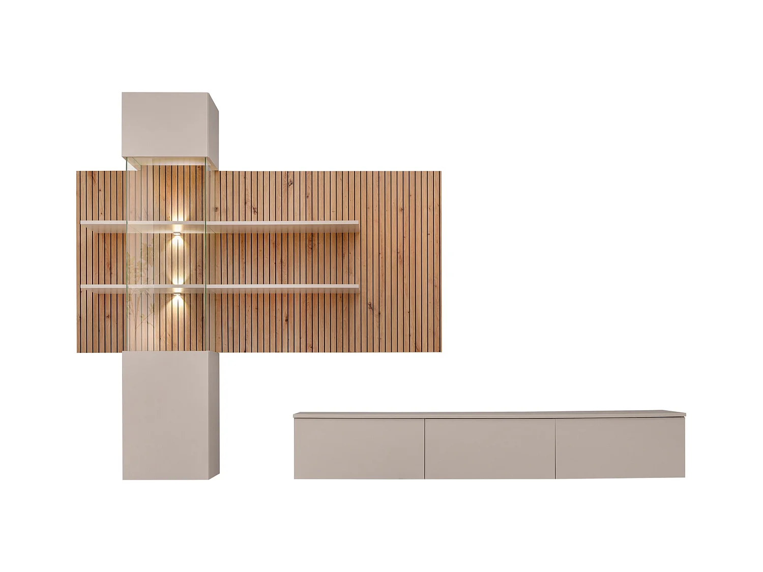 Parete attrezzata moderna sospesa con vetrina beige e rovere 280x180 PAP149