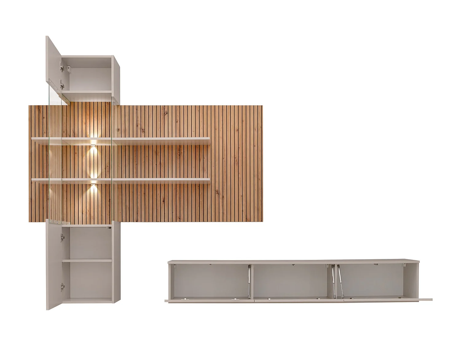 Parete attrezzata moderna sospesa con vetrina beige e rovere 280x180 PAP149