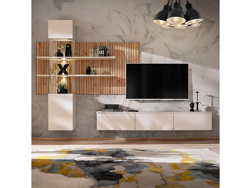 Parete attrezzata moderna sospesa con vetrina beige e rovere 280x180 PAP149