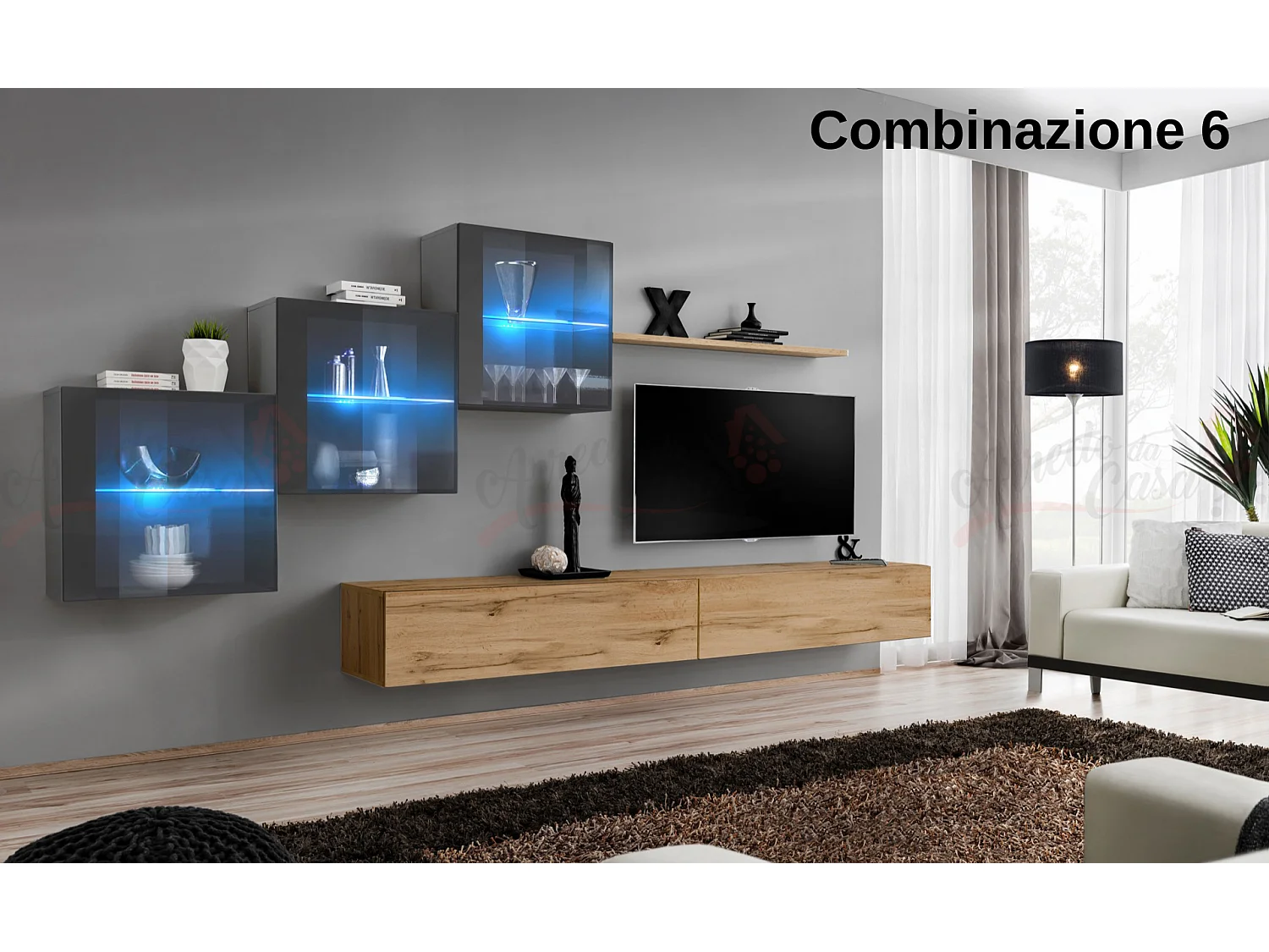 Parete attrezzata sospesa design contemporaneo con led 330x160 grigio e rovere PAP65