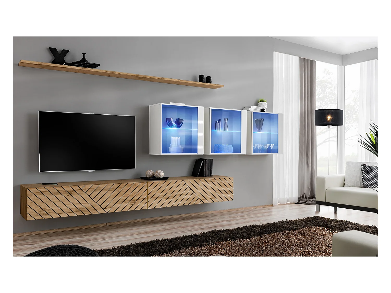 Parete attrezzata design moderno con vetrina 340x150 rovere e bianco PAP61