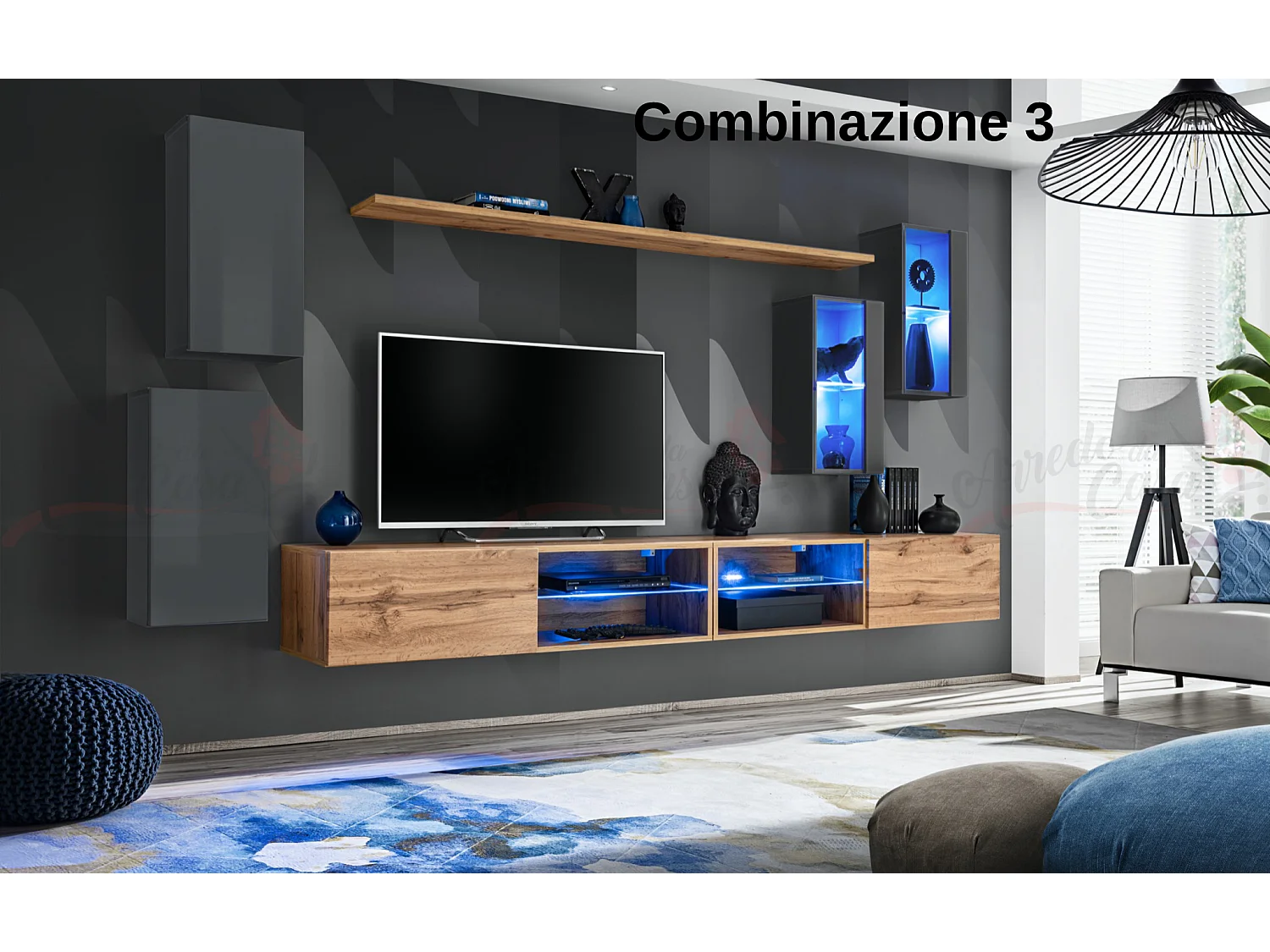 Parete attrezzata da soggiorno moderna con luci led 280x140 grigio e rovere PAP71