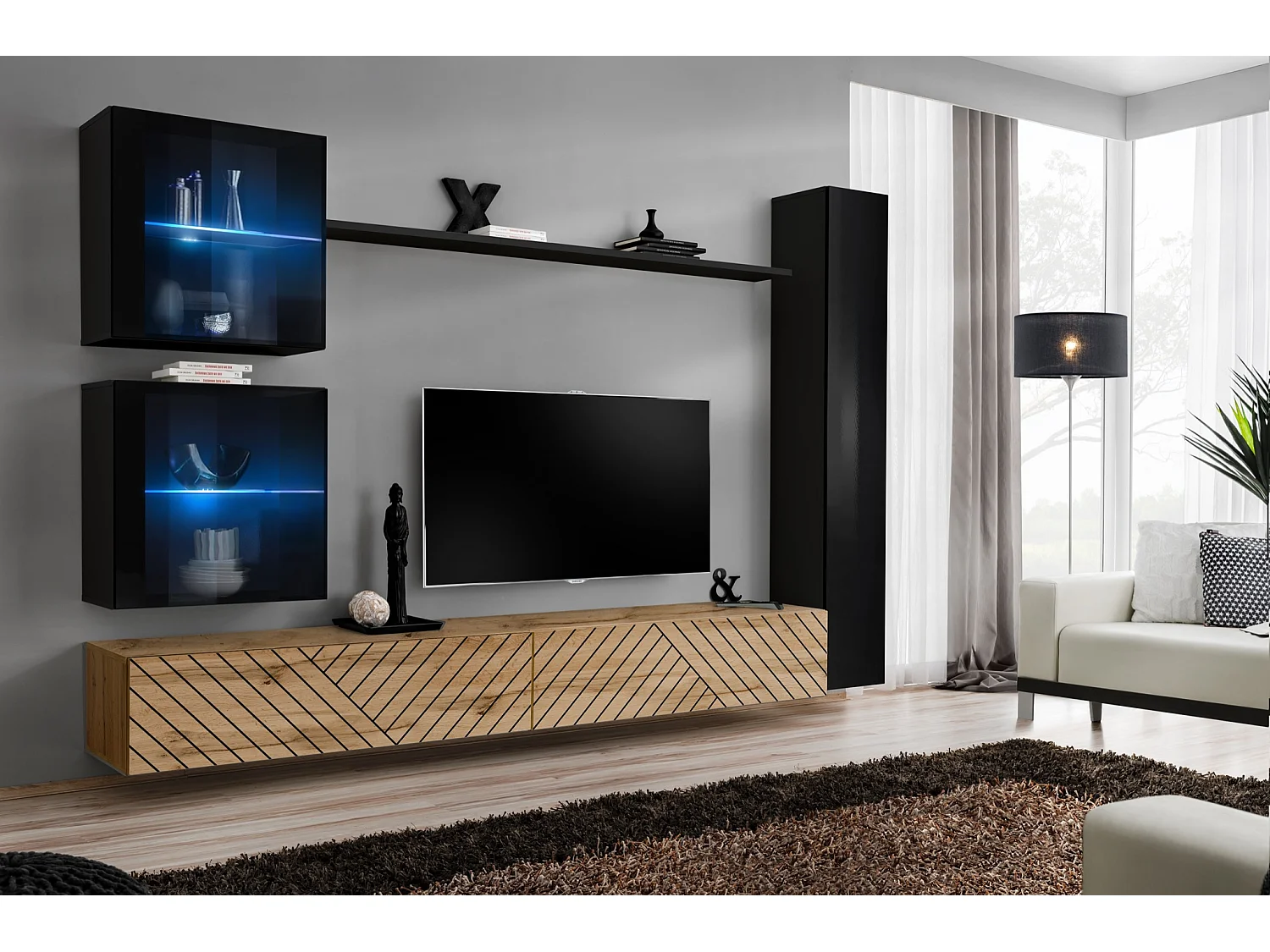 Parete attrezzata moderna per soggiorno con luci led 280x180 nero e rovere PAP62