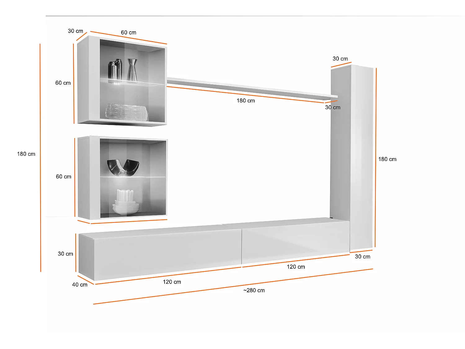 Parete attrezzata moderna per soggiorno con luci led 280x180 nero e rovere PAP62