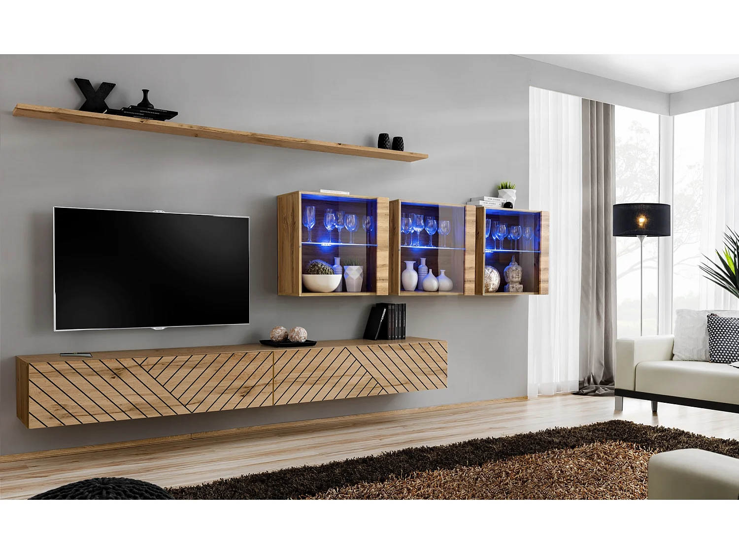 Parete attrezzata design moderno con vetrina 340x150 rovere PAP61