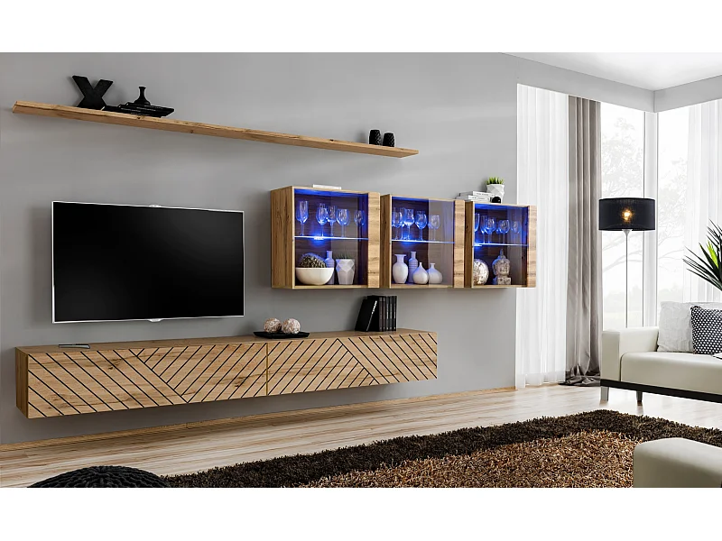 Parete attrezzata design moderno con vetrina 340x150 rovere PAP61