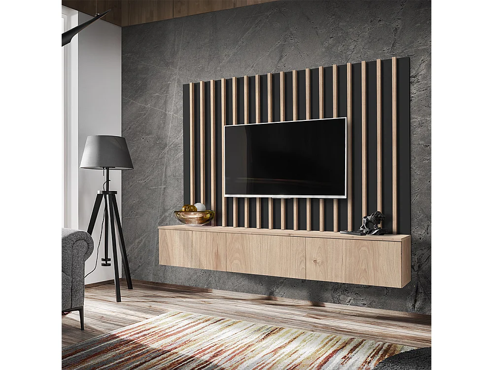 Parete attrezzata sospesa moderna rovere e nera 180x148 PAP154