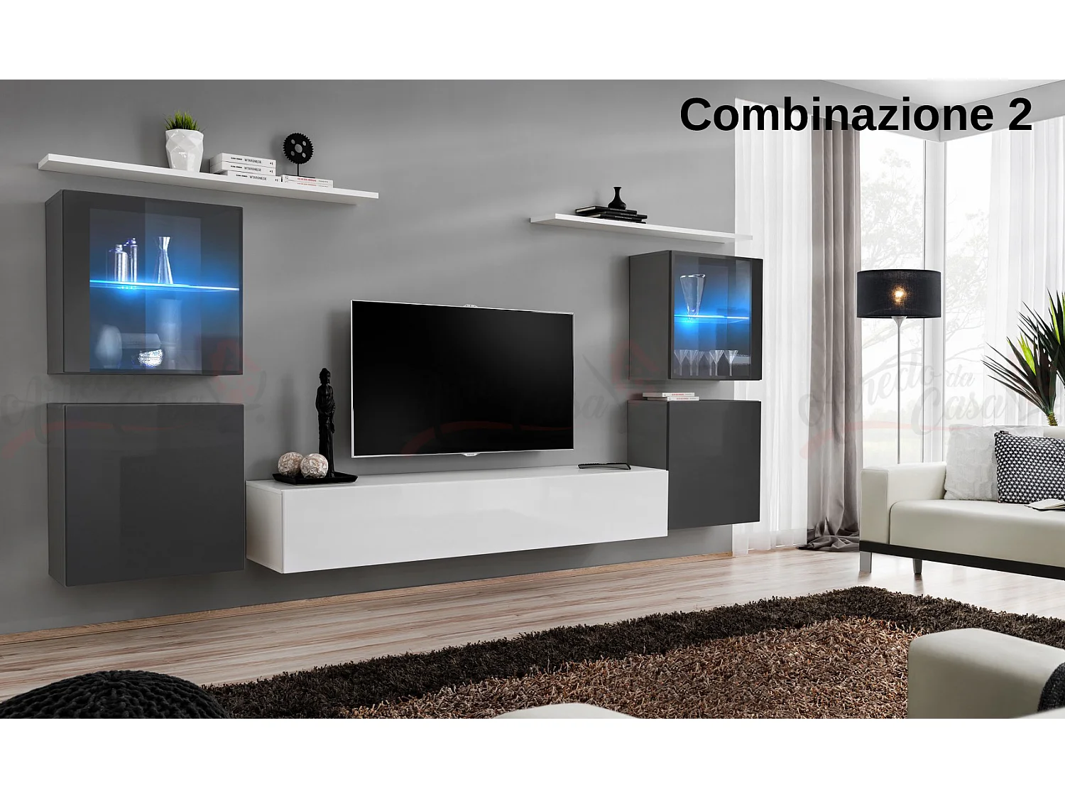 Parete attrezzata moderna con vetrine illuminate a led 320x150 grigio e bianco PAP58