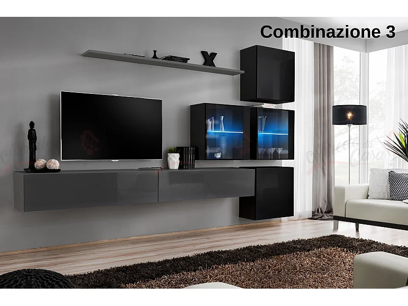 Parete attrezzata sospesa moderna con vetrinette 310x200 grigio e nero PAP63