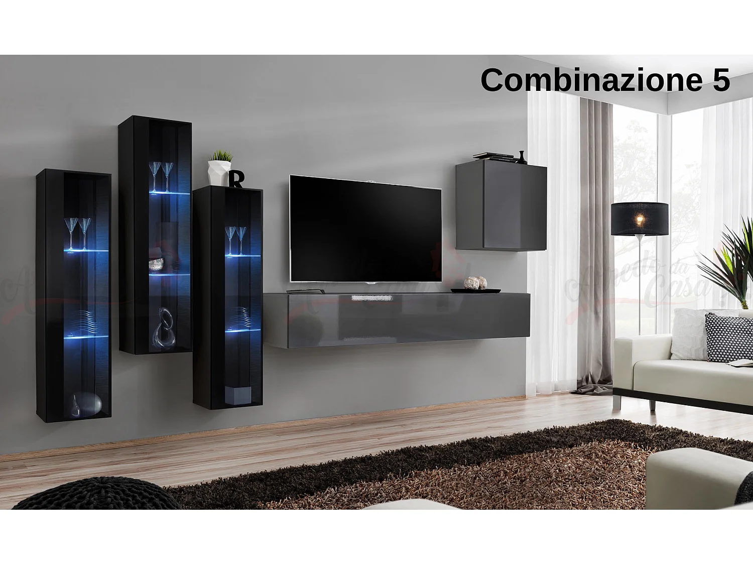 Parete attrezzata da soggiorno con luci LED 270x160 nero e grigio PAP57