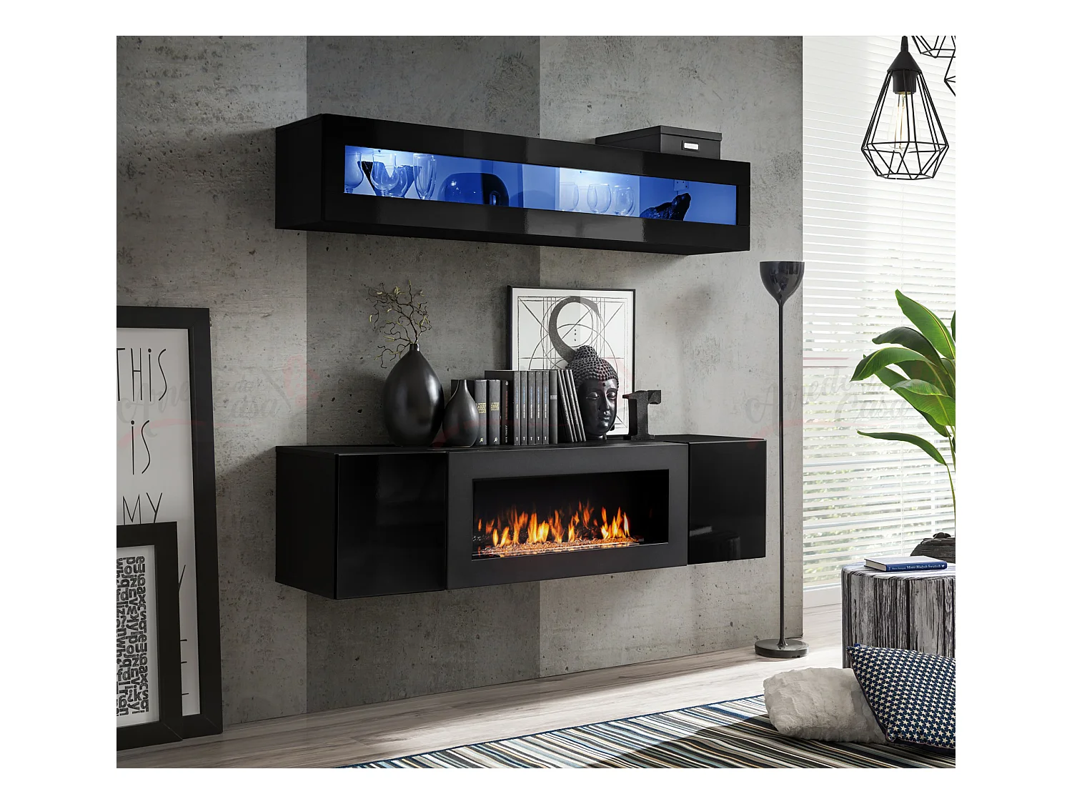 Parete attrezzata sospesa con vetrina orizzontale e luci LED e  biocamino 160x150 nero PAP112