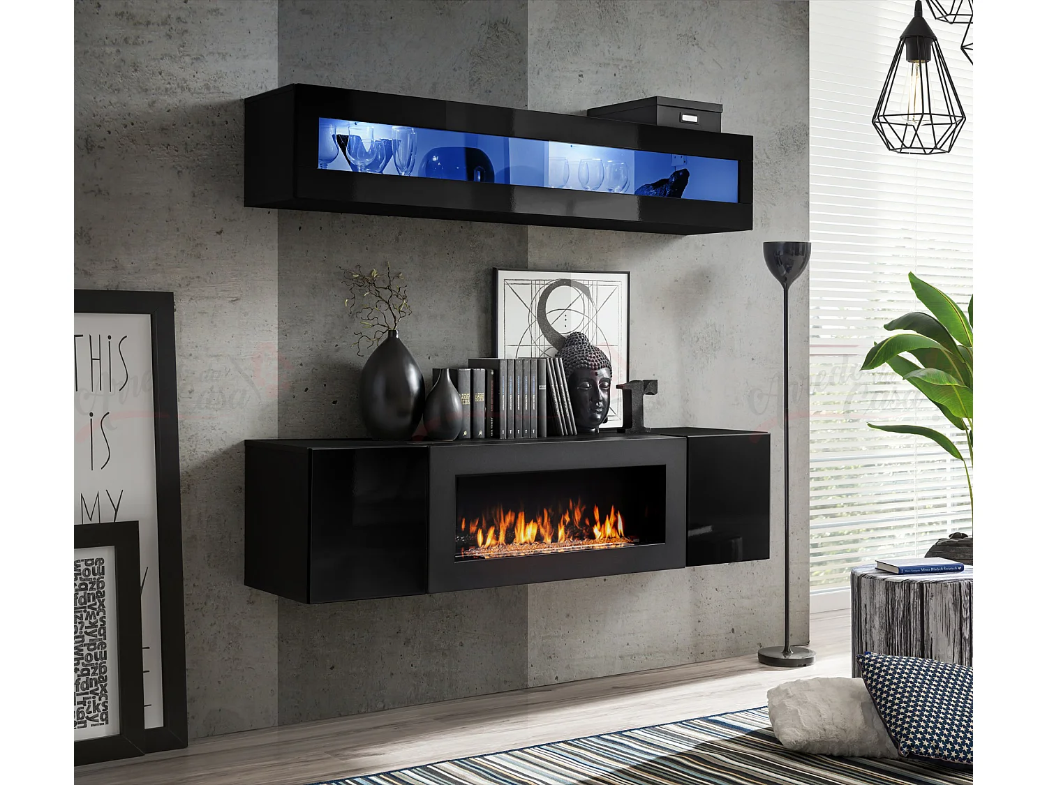 Parete attrezzata sospesa con vetrina orizzontale e luci LED e  biocamino 160x150 nero PAP112