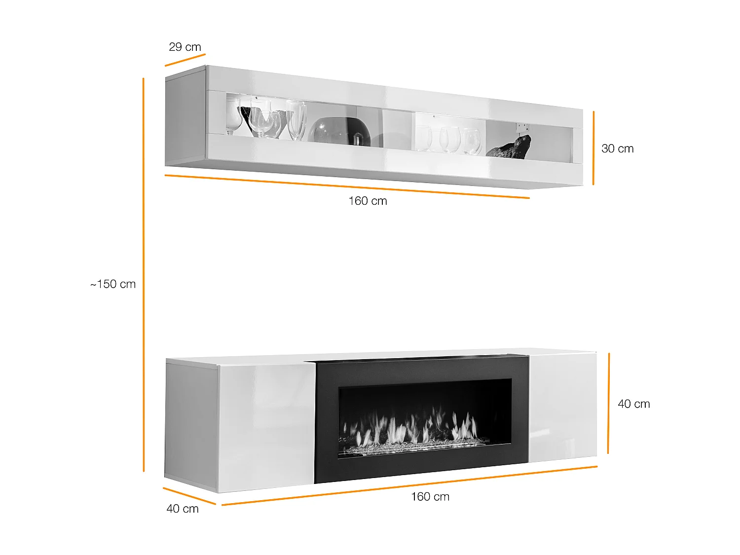 Parete attrezzata sospesa con vetrina orizzontale e luci LED e  biocamino 160x150 nero PAP112