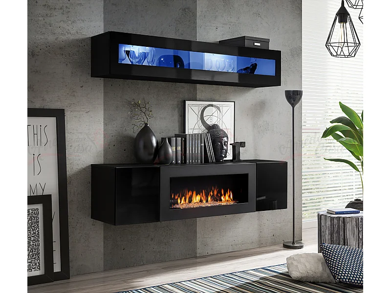 Parete attrezzata sospesa con vetrina orizzontale e luci LED e  biocamino 160x150 nero PAP112