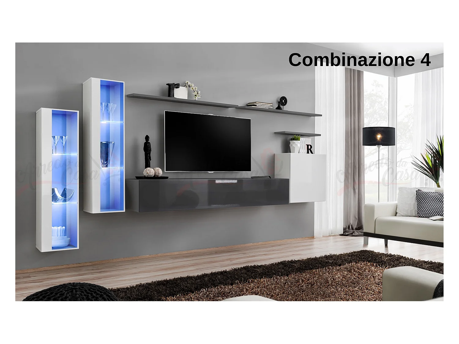 Parete attrezzata per soggiorno stile moderno 330x160 bianco e grigio PAP55