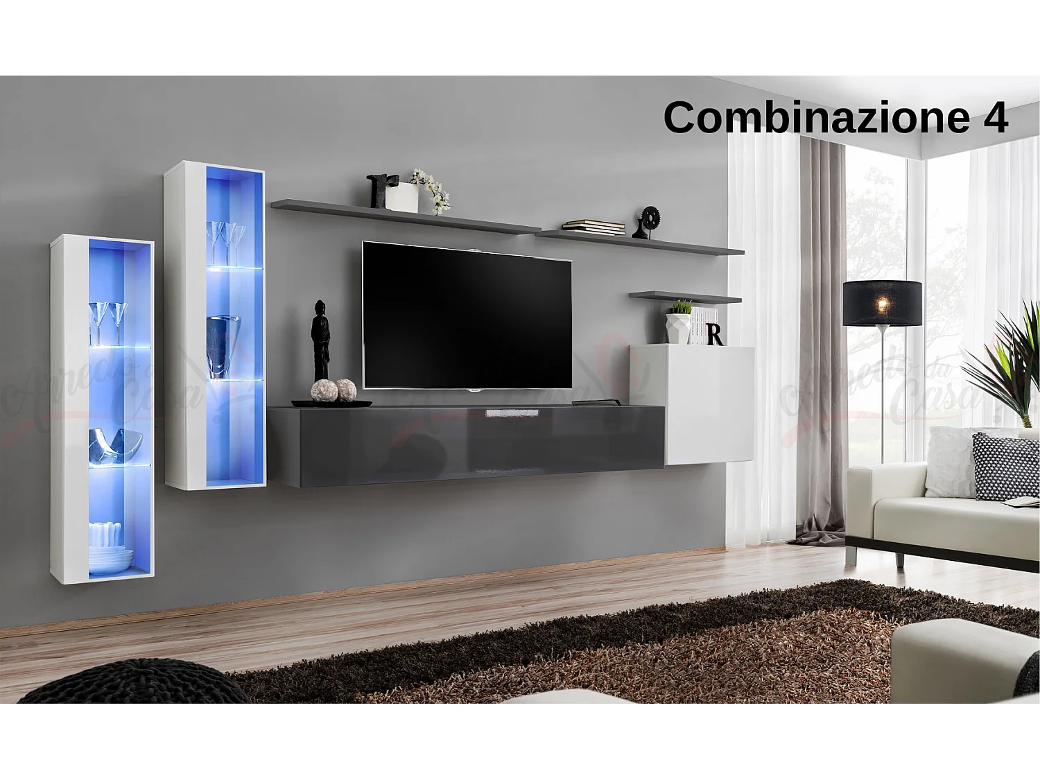 Parete attrezzata per soggiorno stile moderno 330x160 bianco e grigio PAP55