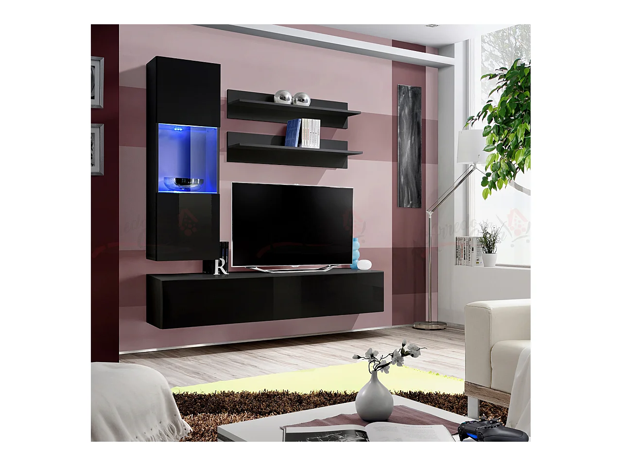 Parete attrezzata per soggiorno moderna con vetrina 160x190 nero PAP101