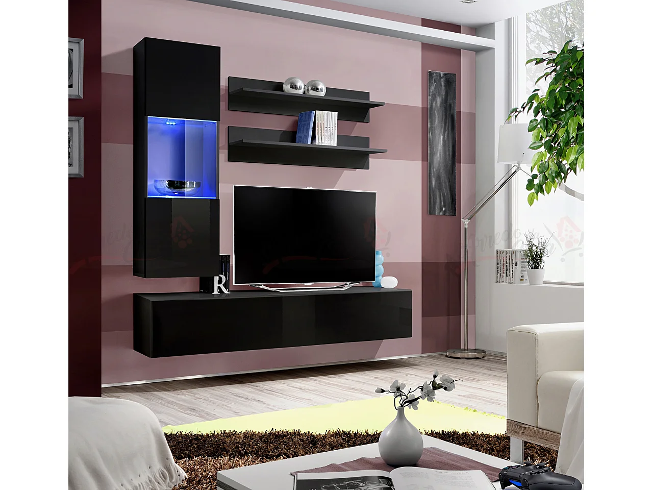 Parete attrezzata per soggiorno moderna con vetrina 160x190 nero PAP101