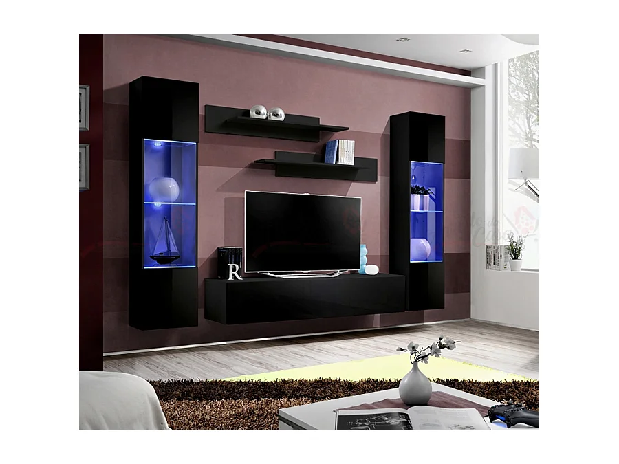 Parete attrezzata moderna per soggiorno completa 260x190 nero PAP83