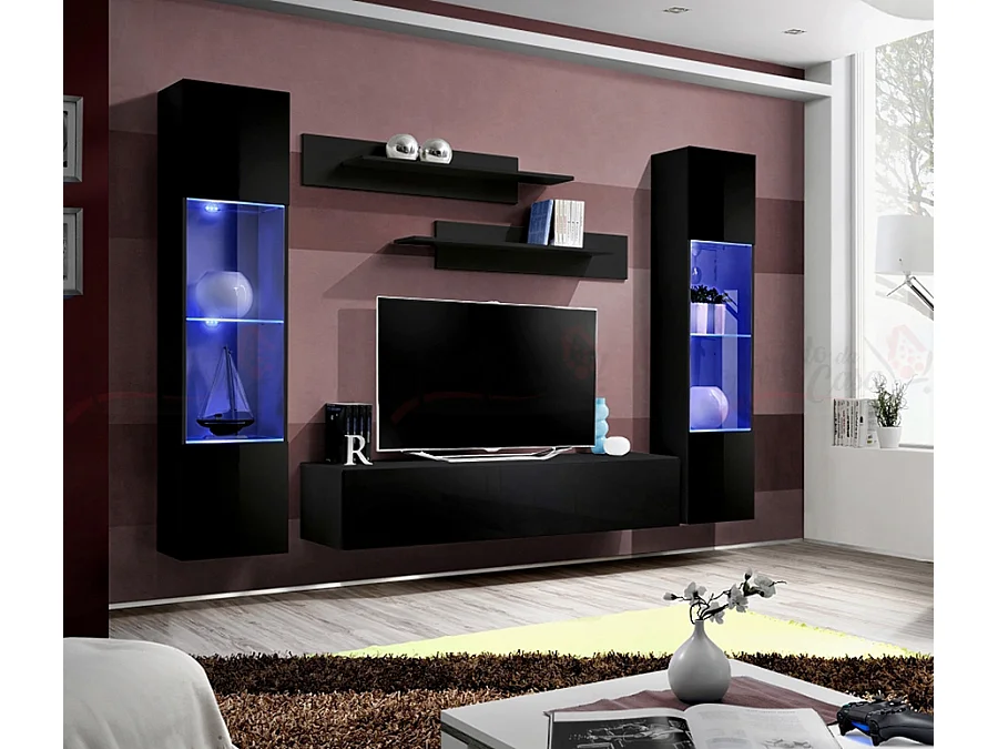 Parete attrezzata moderna per soggiorno completa 260x190 nero PAP83