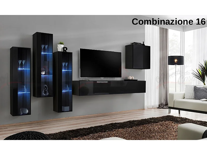 Parete attrezzata da soggiorno con luci LED 270x160 nero PAP57