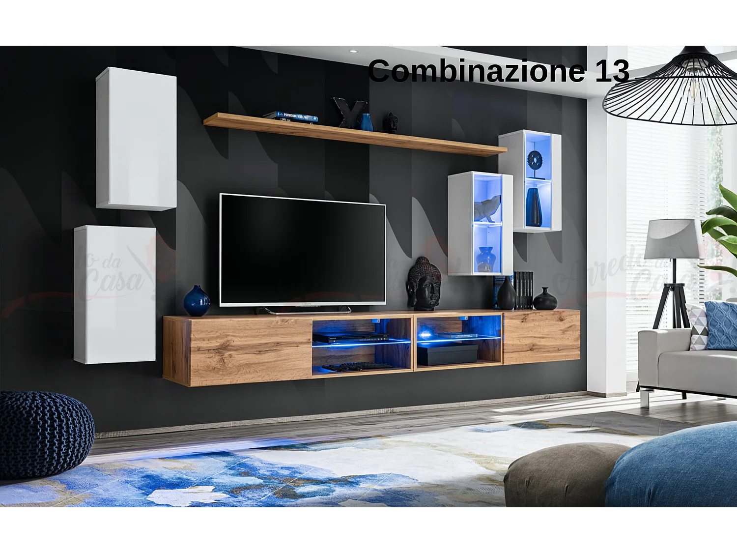 Parete attrezzata da soggiorno moderna con luci led 280x140 bianco e rovere PAP71