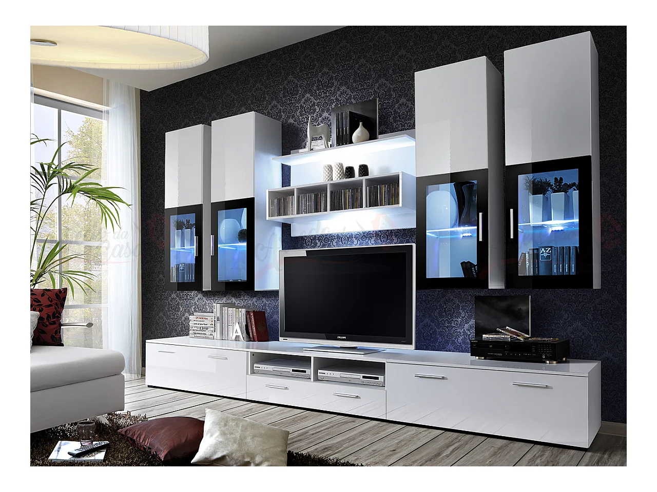 Parete attrezzata soggiorno con vetrine sospese e led 300x190 bianco PAP24