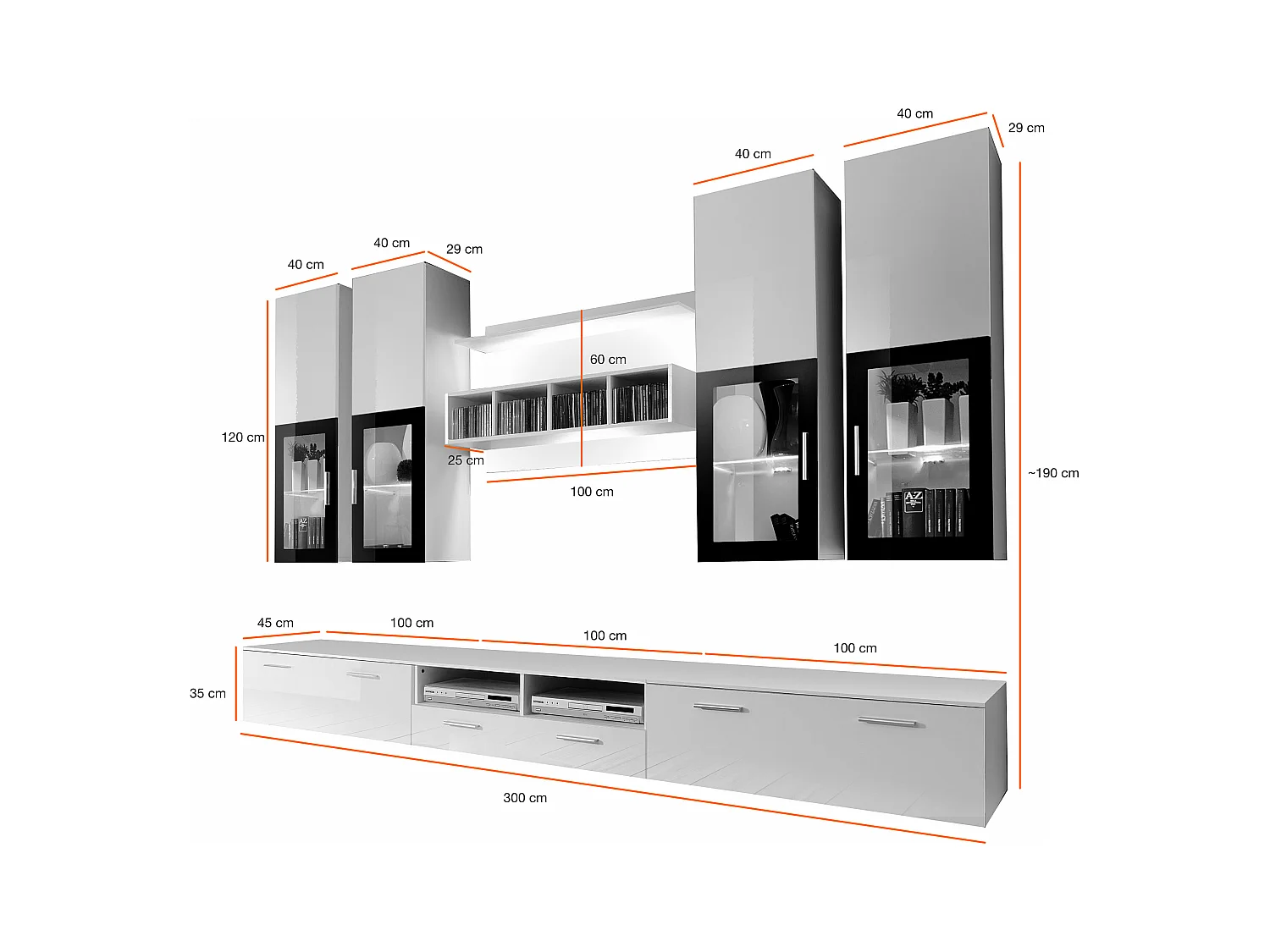 Parete attrezzata soggiorno con vetrine sospese e led 300x190 bianco PAP24