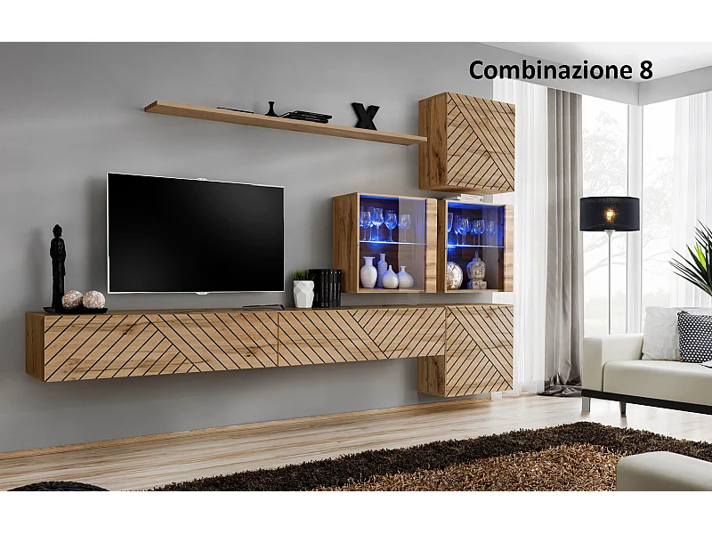 Parete attrezzata sospesa moderna con vetrinette 310x200 rovere PAP63