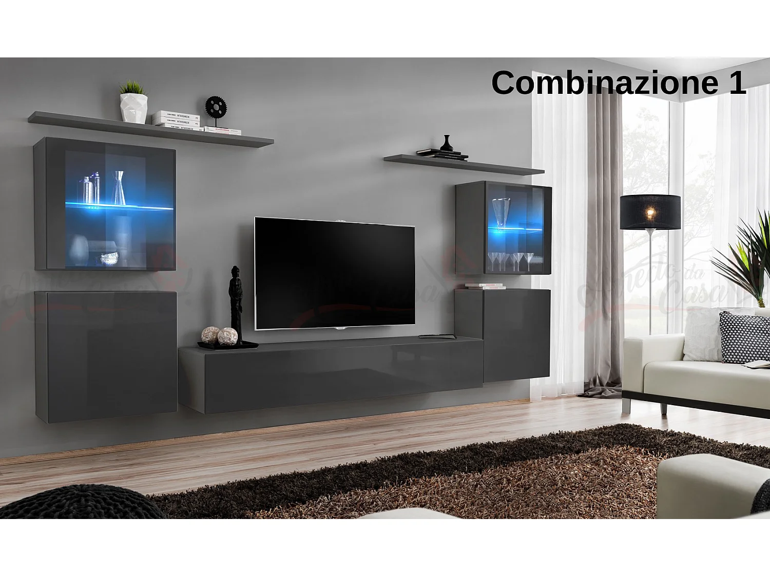 Parete attrezzata moderna con vetrine illuminate a led 320x150 grigio PAP58