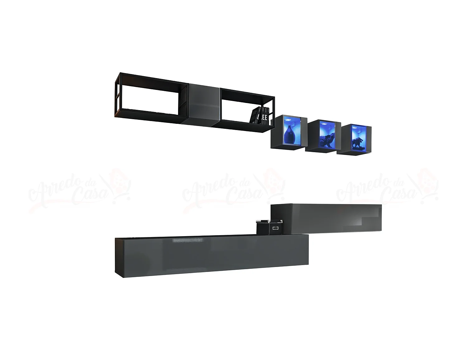 Parete attrezzata soggiorno con tre vetrine illuminate 280x170 grigio PAP75