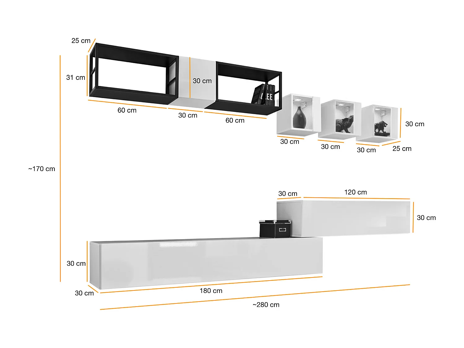 Parete attrezzata soggiorno con tre vetrine illuminate 280x170 grigio PAP75