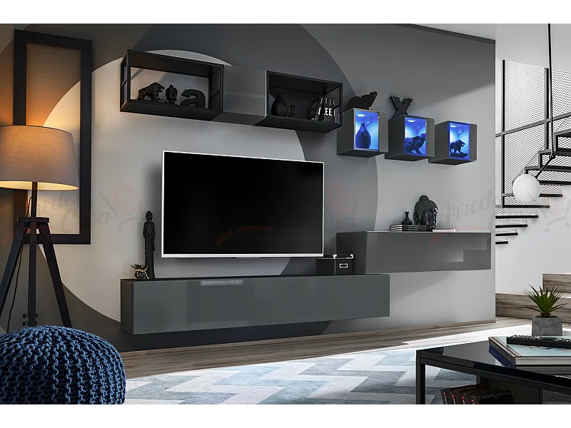 Parete attrezzata soggiorno con tre vetrine illuminate 280x170 grigio PAP75
