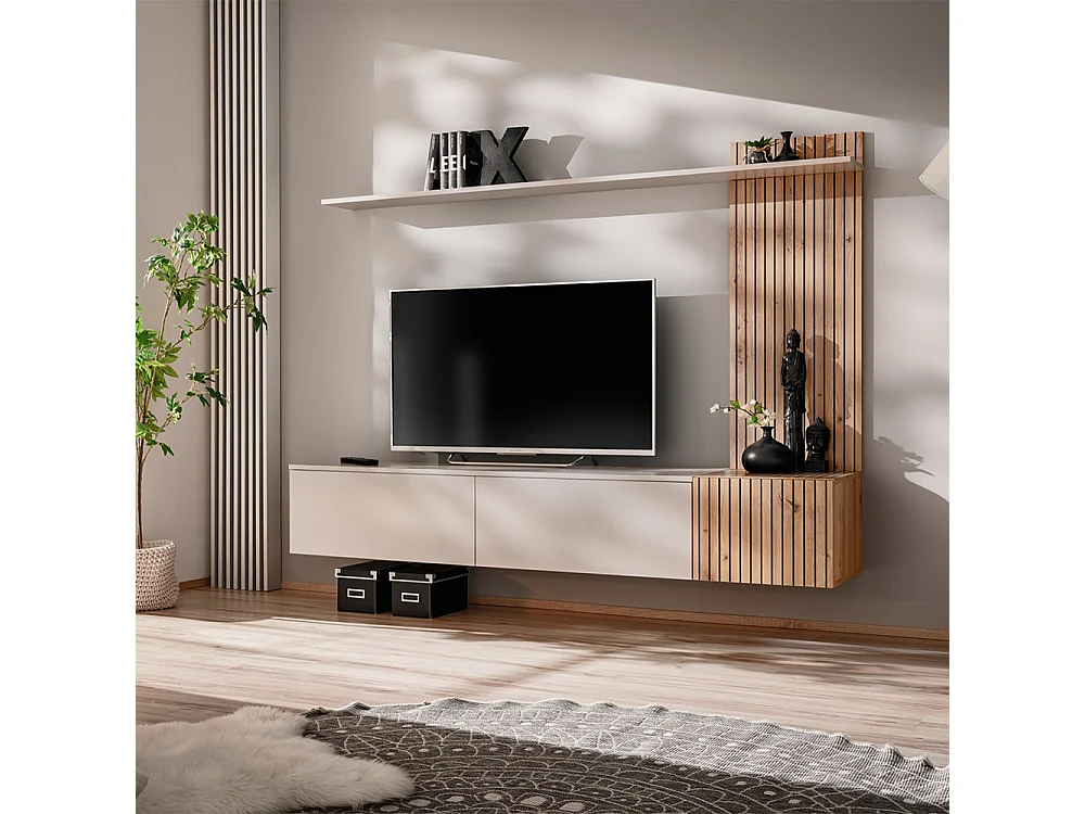 Parete attrezzata sospesa moderna grigia e rovere 180x130 PAP152