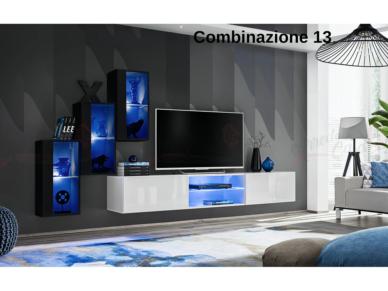 Parete attrezzata soggiorno moderna mobile TV sospeso 240x170 nero e bianco PAP68