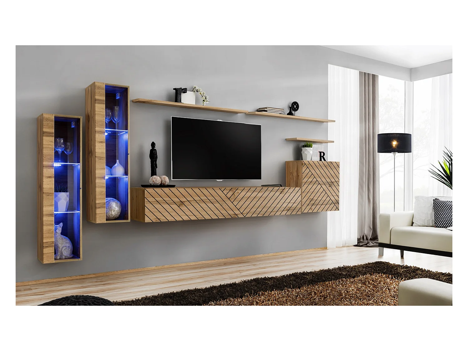 Parete attrezzata per soggiorno stile moderno 330x160 rovere PAP55