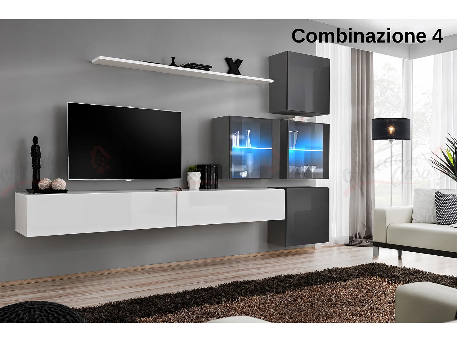 Parete attrezzata sospesa moderna con vetrinette 310x200 bianco e grigio PAP63