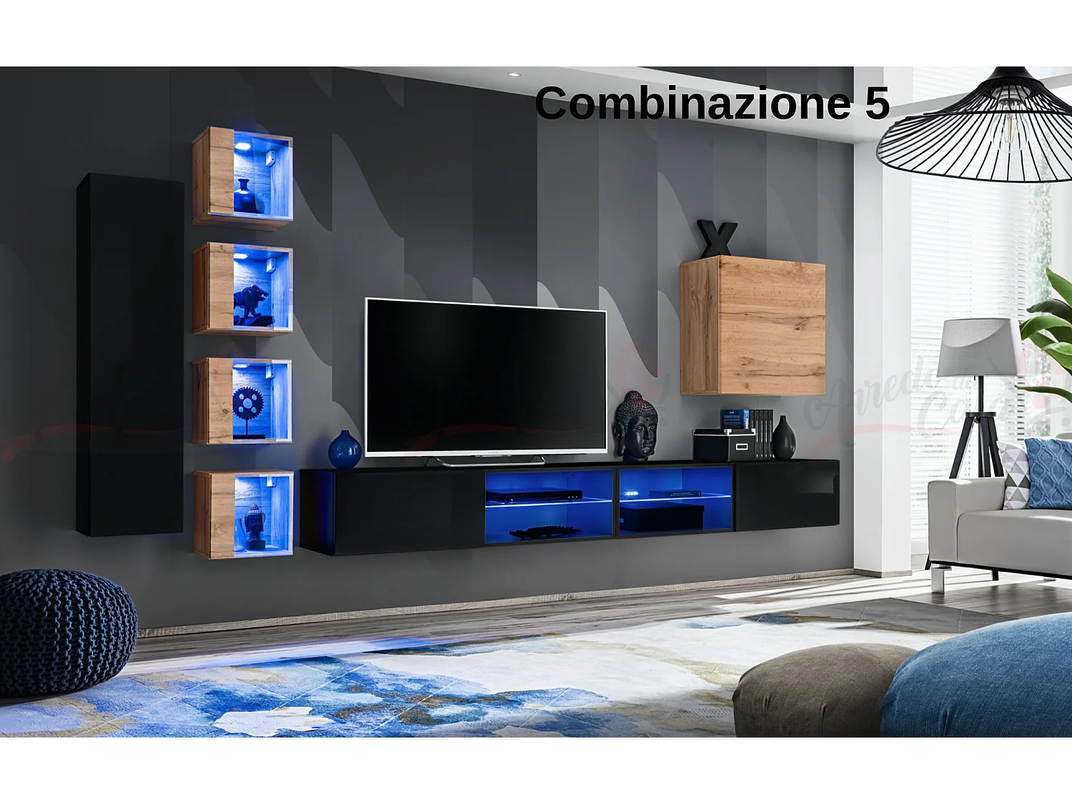 Parete attrezzata soggiorno con vetrinette e led 320x150 nero e rovere PAP72