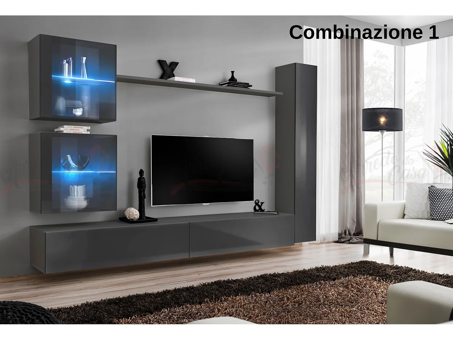 Parete attrezzata moderna per soggiorno con luci led 280x180 grigio PAP62