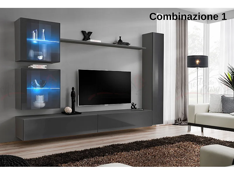 Parete attrezzata moderna per soggiorno con luci led 280x180 grigio PAP62